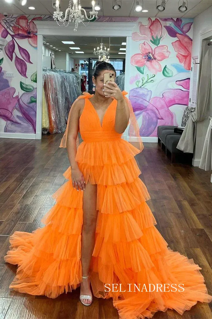 Orange V-Neck Bow Straps Ruffled Tulle Long Prom Dress with Slit lpk8036