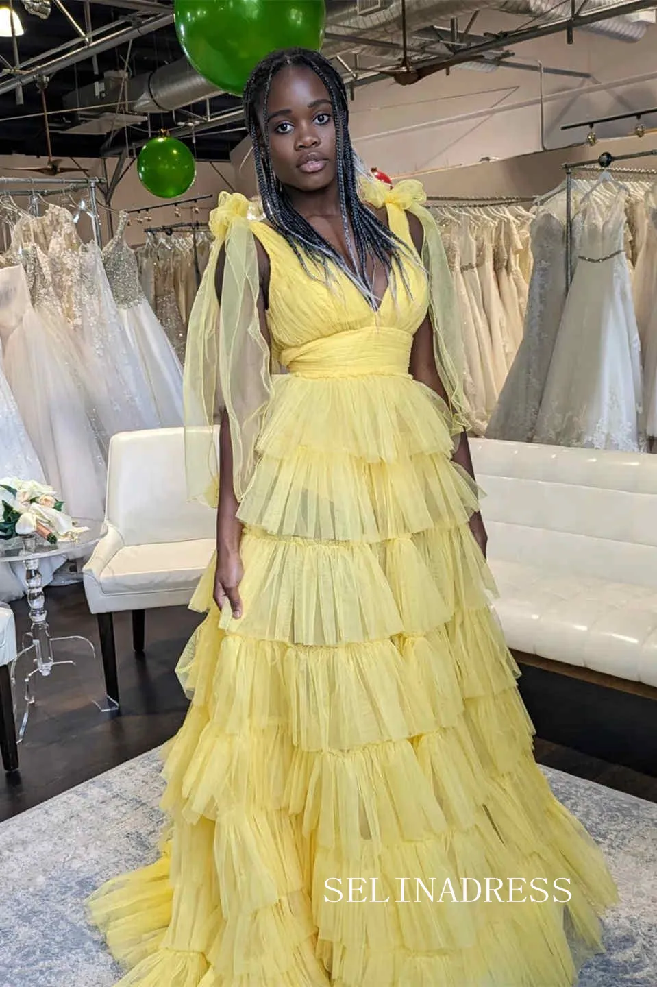 Orange V-Neck Bow Straps Ruffled Tulle Long Prom Dress with Slit lpk8036