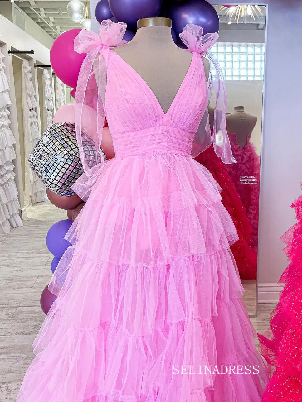Orange V-Neck Bow Straps Ruffled Tulle Long Prom Dress with Slit lpk8036