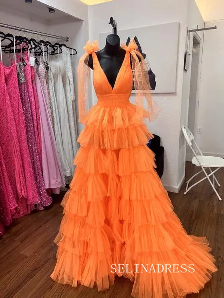 Orange V-Neck Bow Straps Ruffled Tulle Long Prom Dress with Slit lpk8036