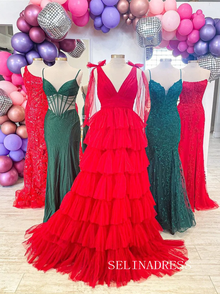 Orange V-Neck Bow Straps Ruffled Tulle Long Prom Dress with Slit lpk8036