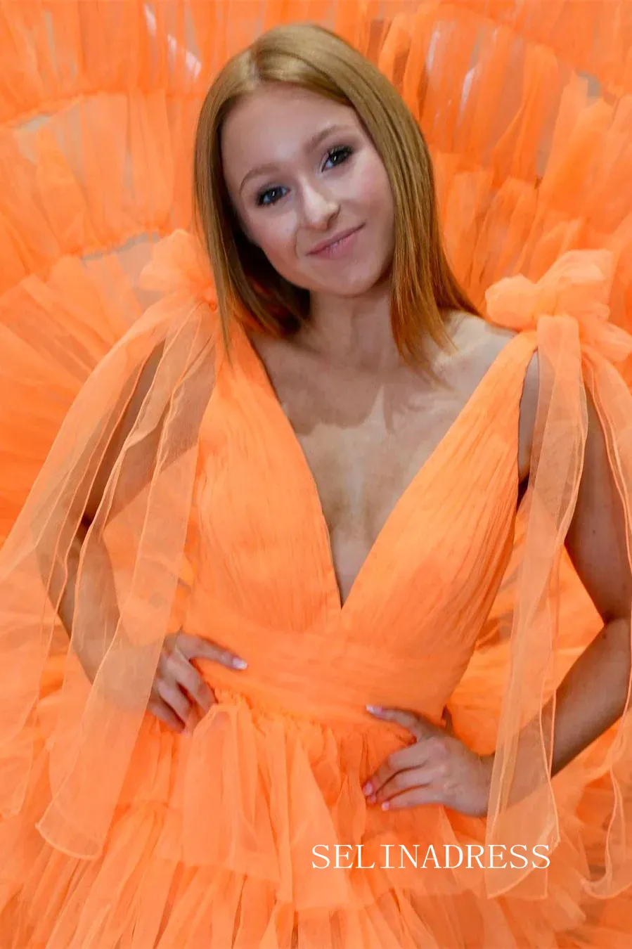 Orange V-Neck Bow Straps Ruffled Tulle Long Prom Dress with Slit lpk8036