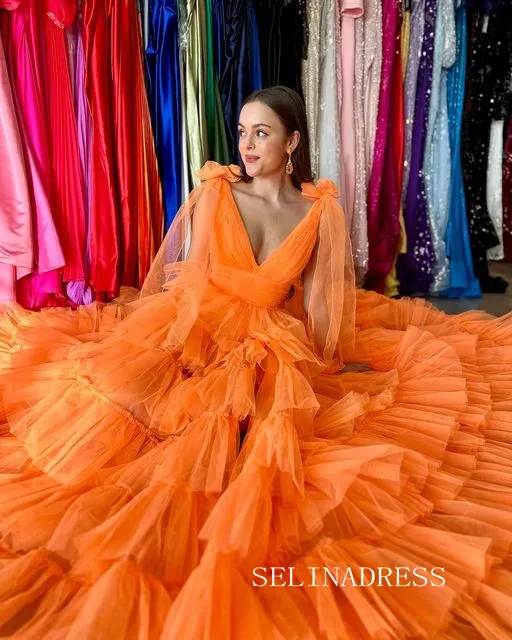 Orange V-Neck Bow Straps Ruffled Tulle Long Prom Dress with Slit lpk8036