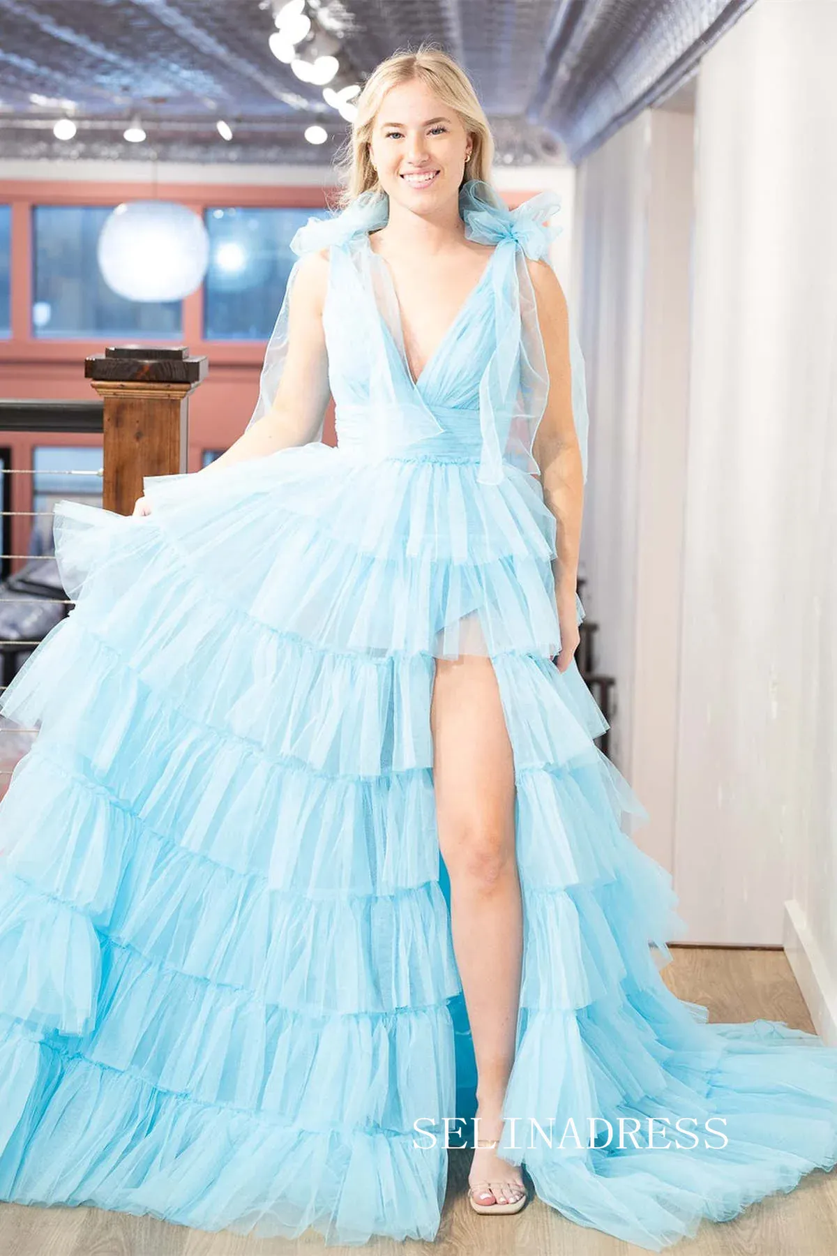 Orange V-Neck Bow Straps Ruffled Tulle Long Prom Dress with Slit lpk8036