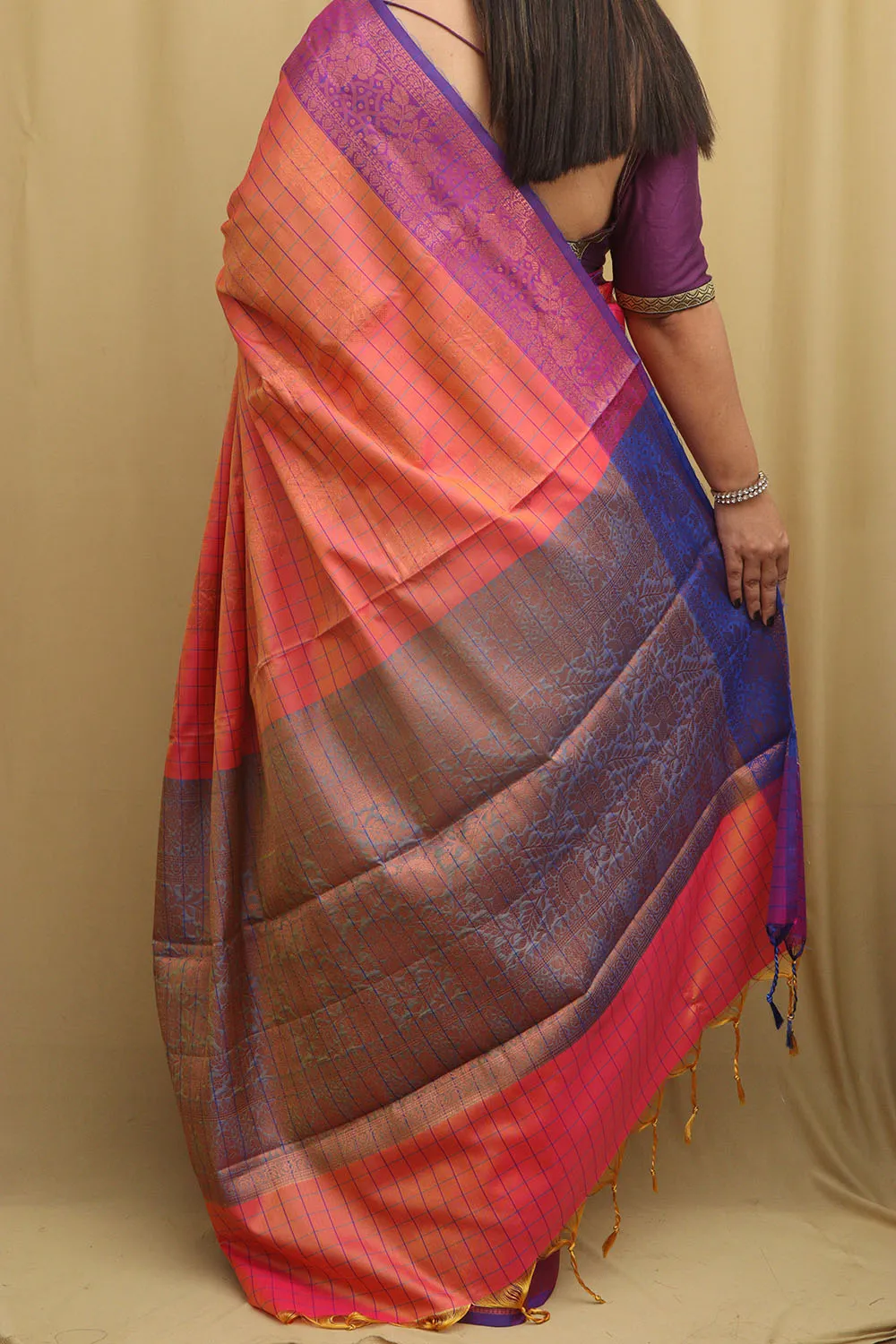Pink Shot Kanjeevaram Silk Checks Saree - Elegant and Timeless