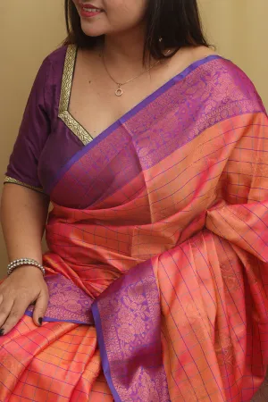 Pink Shot Kanjeevaram Silk Checks Saree - Elegant and Timeless