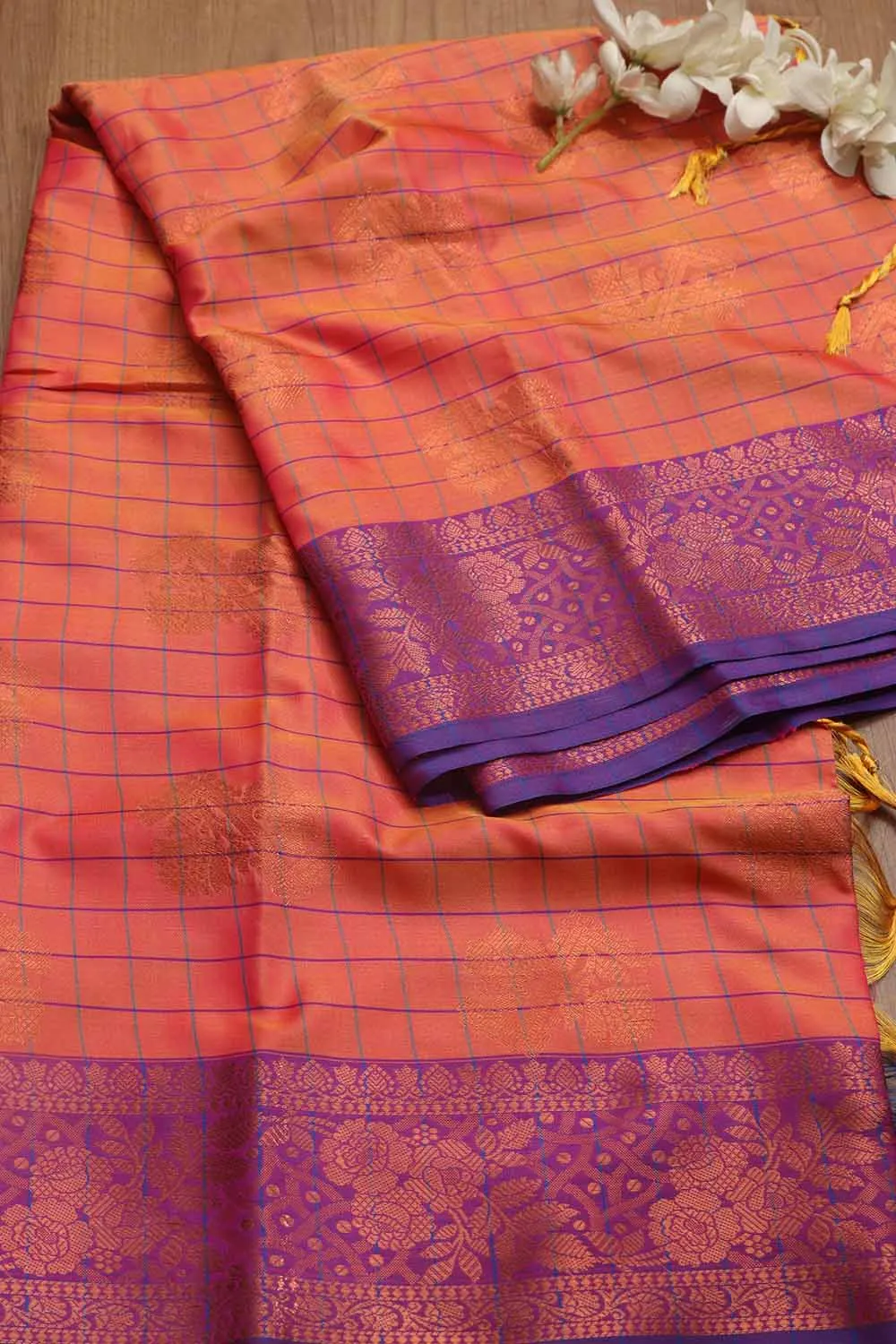 Pink Shot Kanjeevaram Silk Checks Saree - Elegant and Timeless