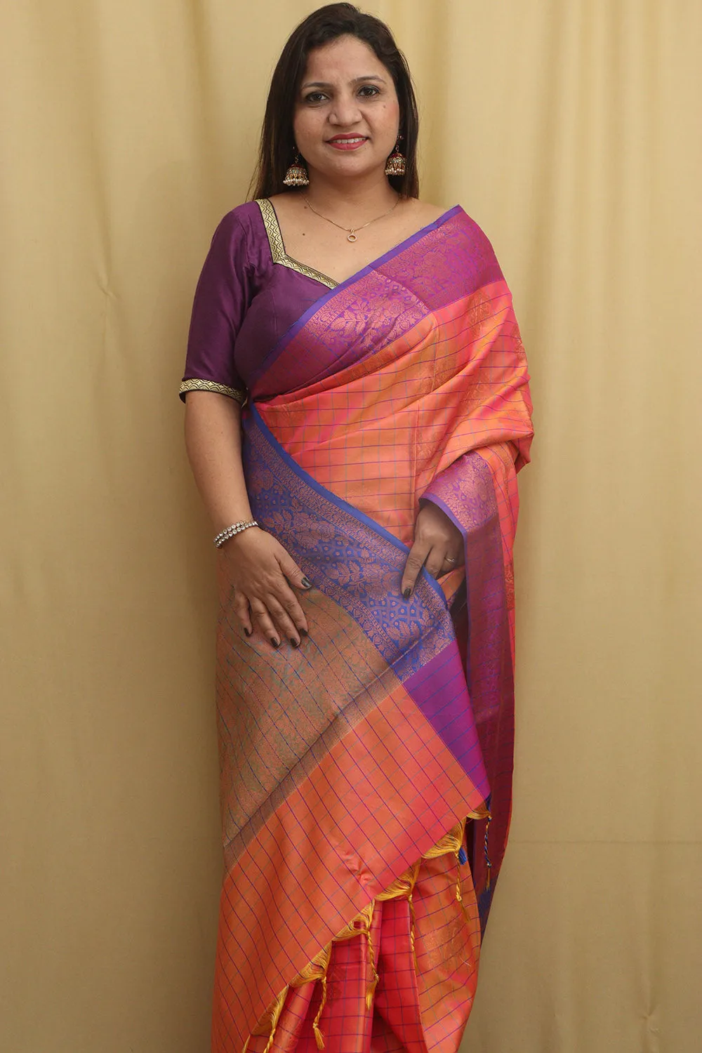 Pink Shot Kanjeevaram Silk Checks Saree - Elegant and Timeless
