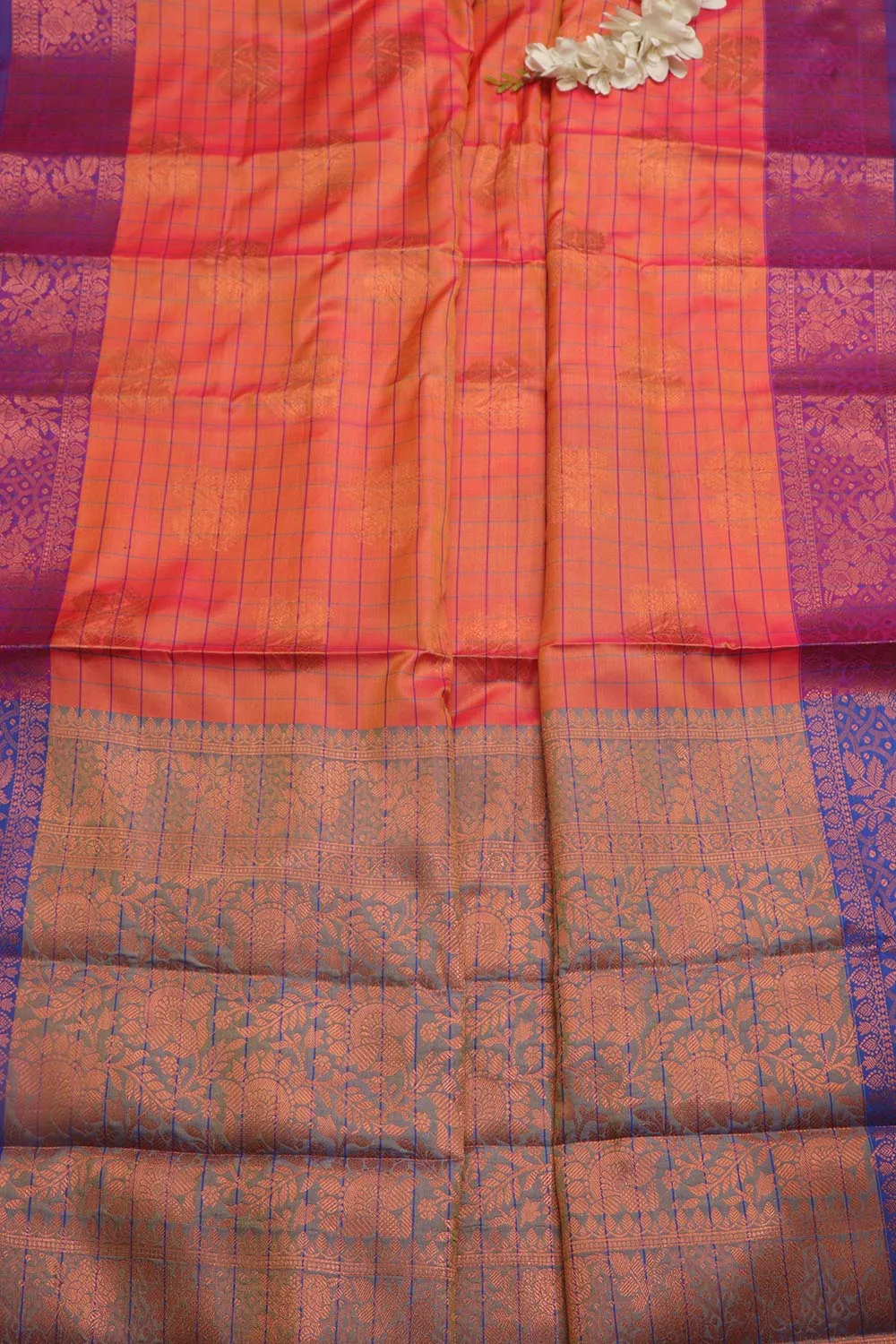 Pink Shot Kanjeevaram Silk Checks Saree - Elegant and Timeless