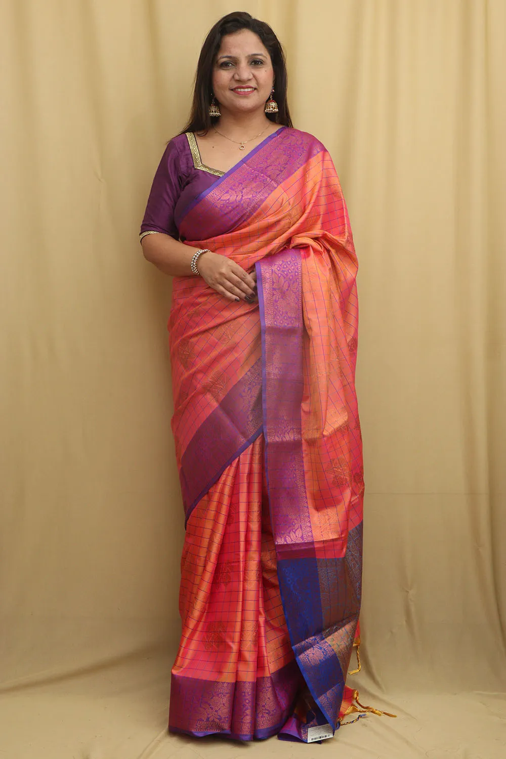 Pink Shot Kanjeevaram Silk Checks Saree - Elegant and Timeless
