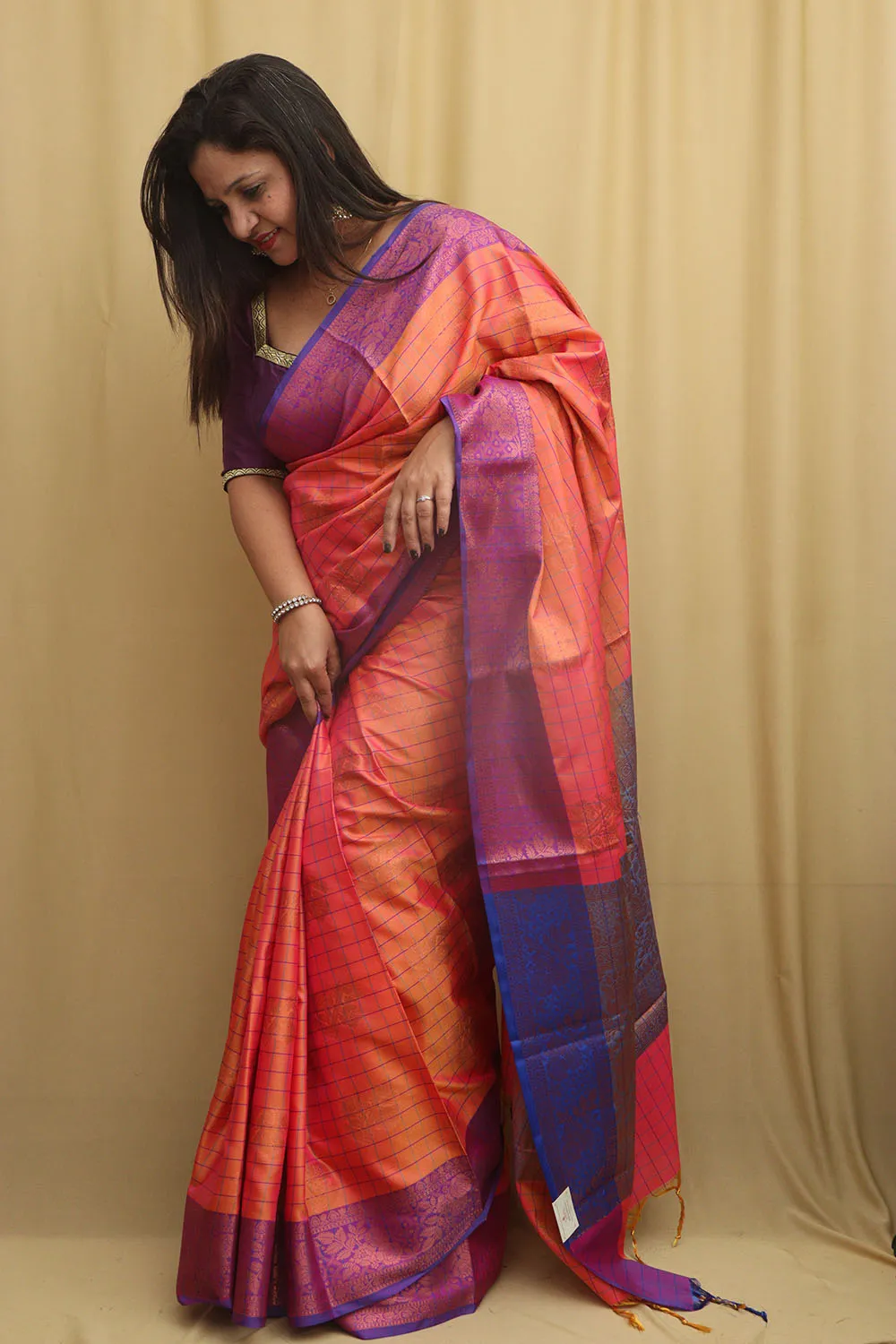 Pink Shot Kanjeevaram Silk Checks Saree - Elegant and Timeless