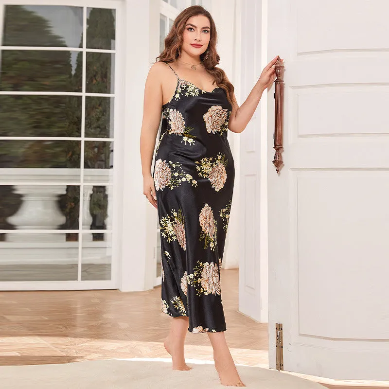 Plus Size Silk Nightgown 100% Mulberry Silk Flower Printed Silk Sleepwear