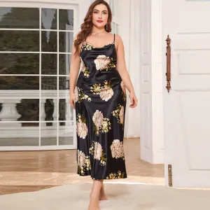 Plus Size Silk Nightgown 100% Mulberry Silk Flower Printed Silk Sleepwear