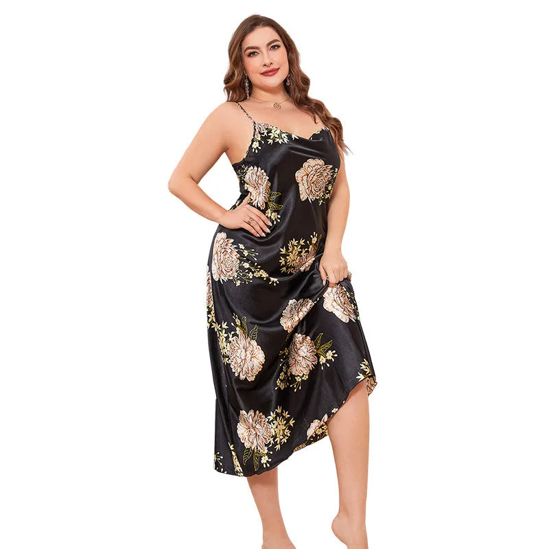 Plus Size Silk Nightgown 100% Mulberry Silk Flower Printed Silk Sleepwear