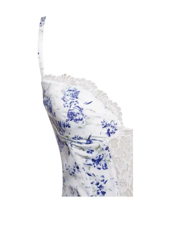 Qwin Blue Floral Print Satin Lace Maxi Dress