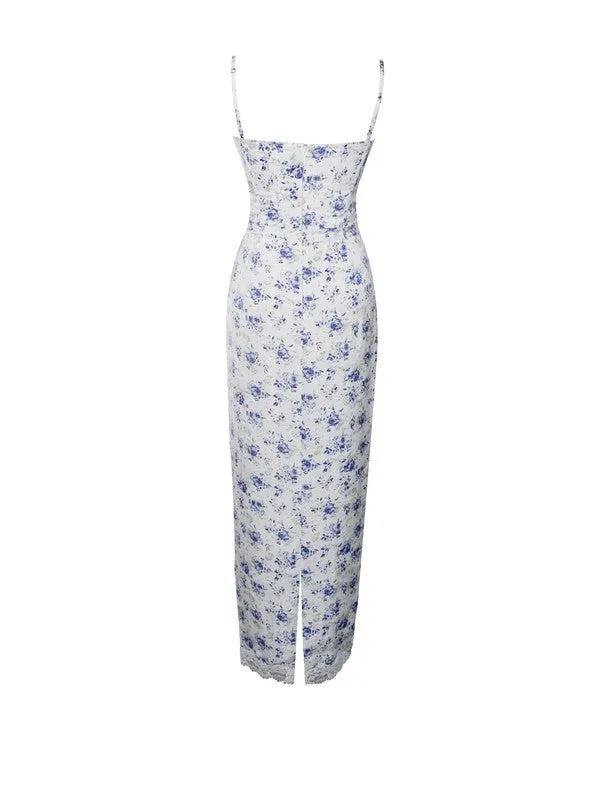Qwin Blue Floral Print Satin Lace Maxi Dress