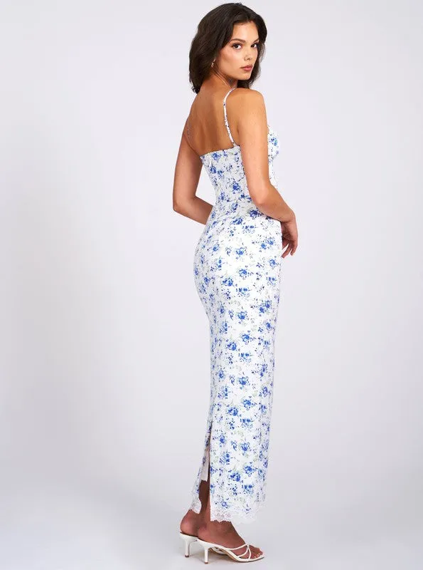 Qwin Blue Floral Print Satin Lace Maxi Dress