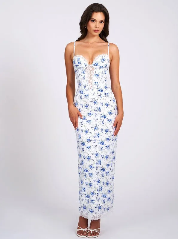 Qwin Blue Floral Print Satin Lace Maxi Dress