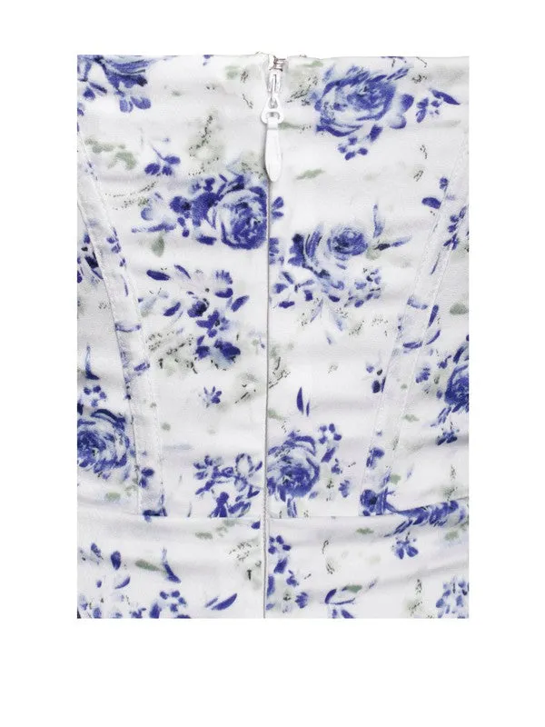 Qwin Blue Floral Print Satin Lace Maxi Dress
