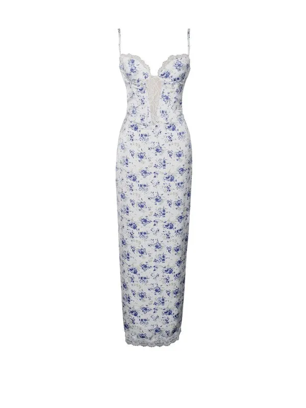 Qwin Blue Floral Print Satin Lace Maxi Dress