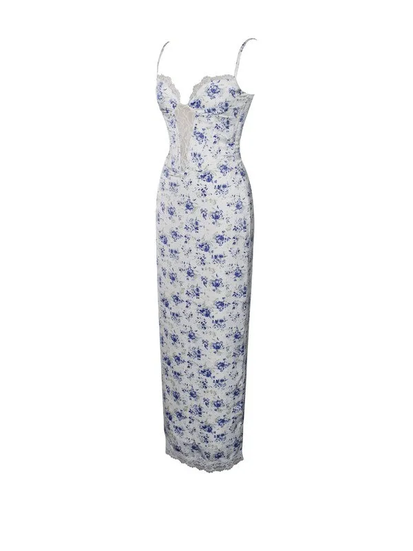 Qwin Blue Floral Print Satin Lace Maxi Dress
