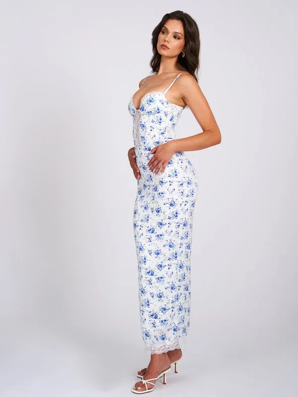 Qwin Blue Floral Print Satin Lace Maxi Dress