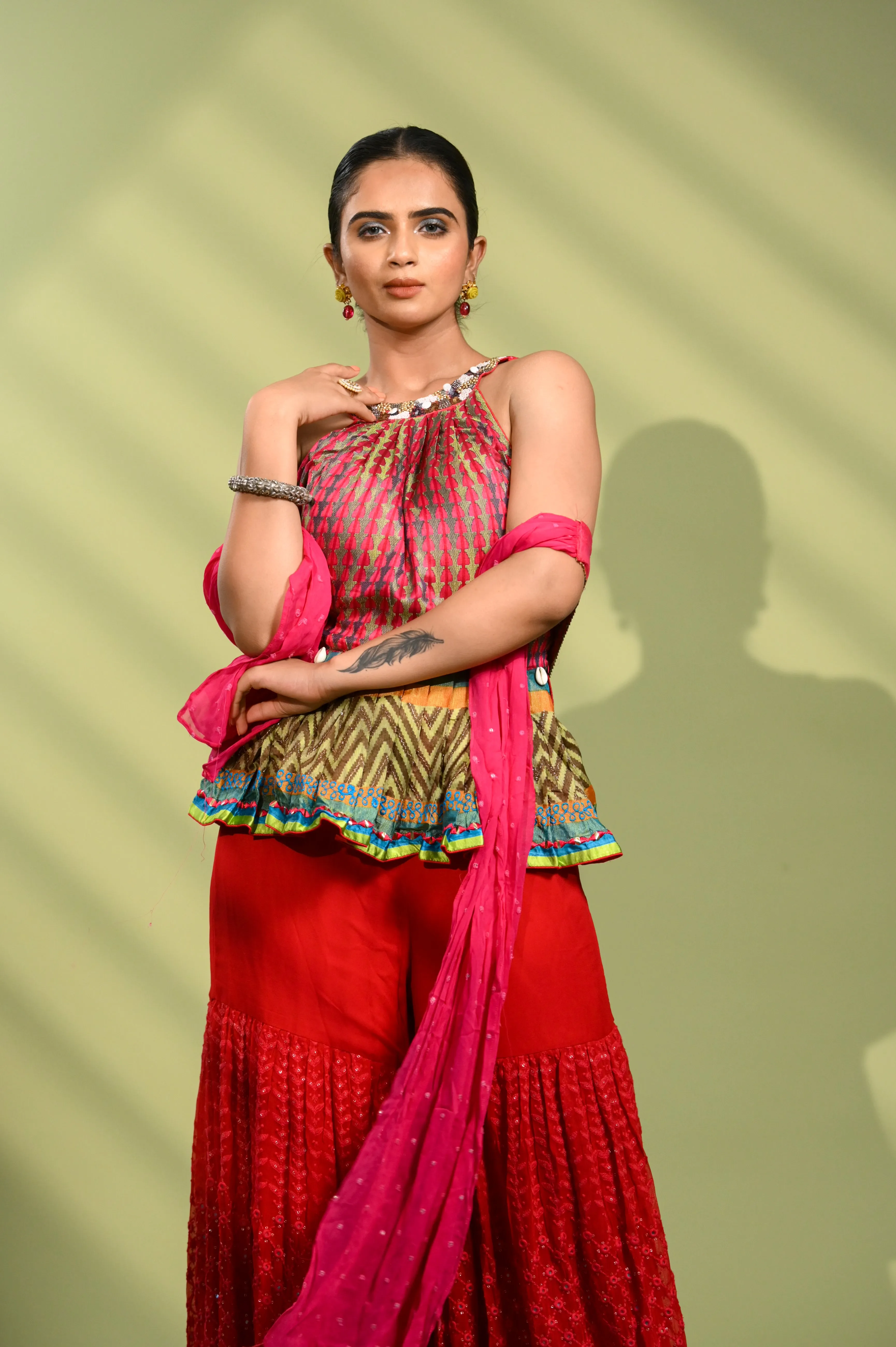 Rani Pink Sharara Set with Peplum Top in Silk