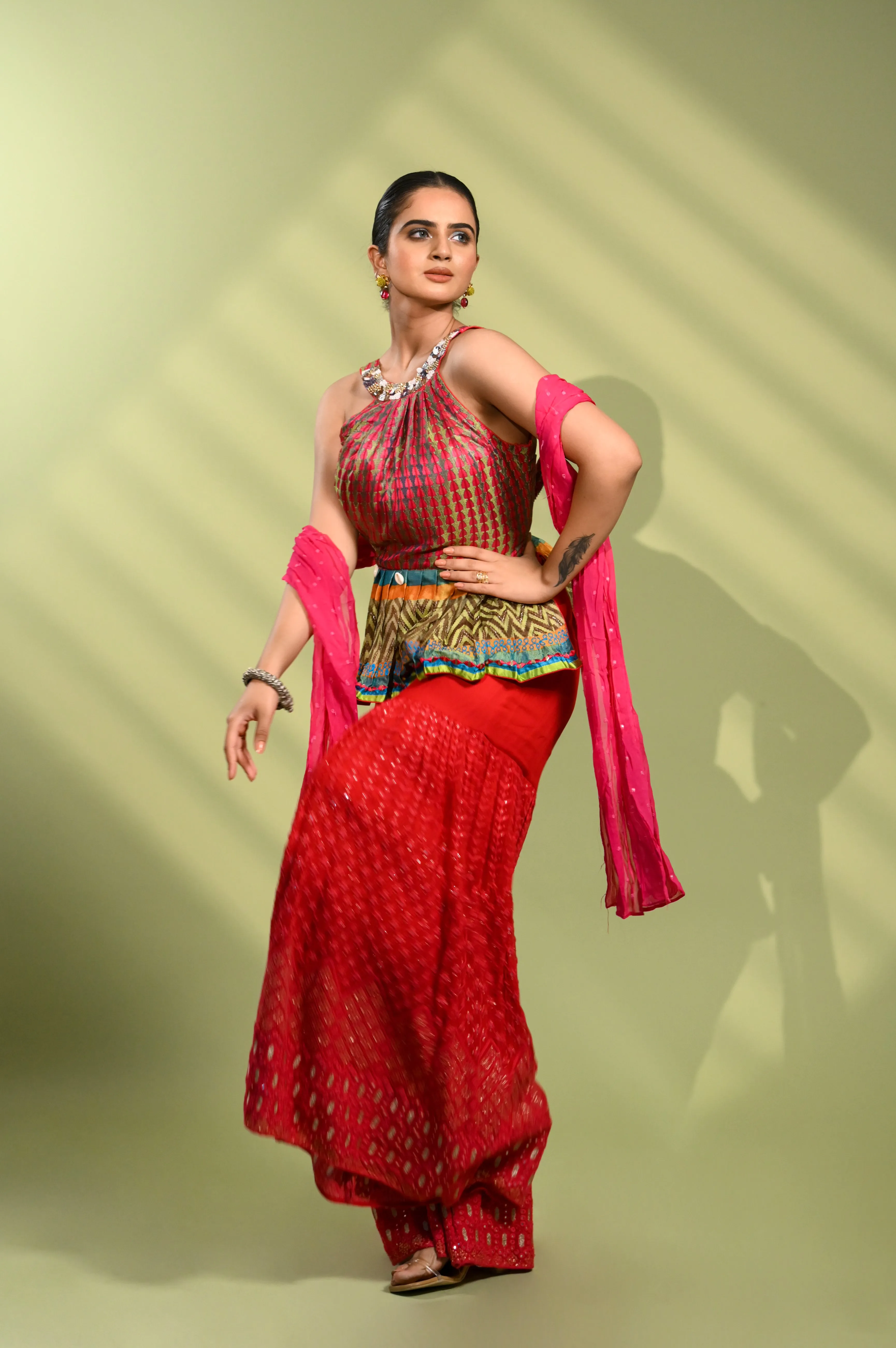 Rani Pink Sharara Set with Peplum Top in Silk