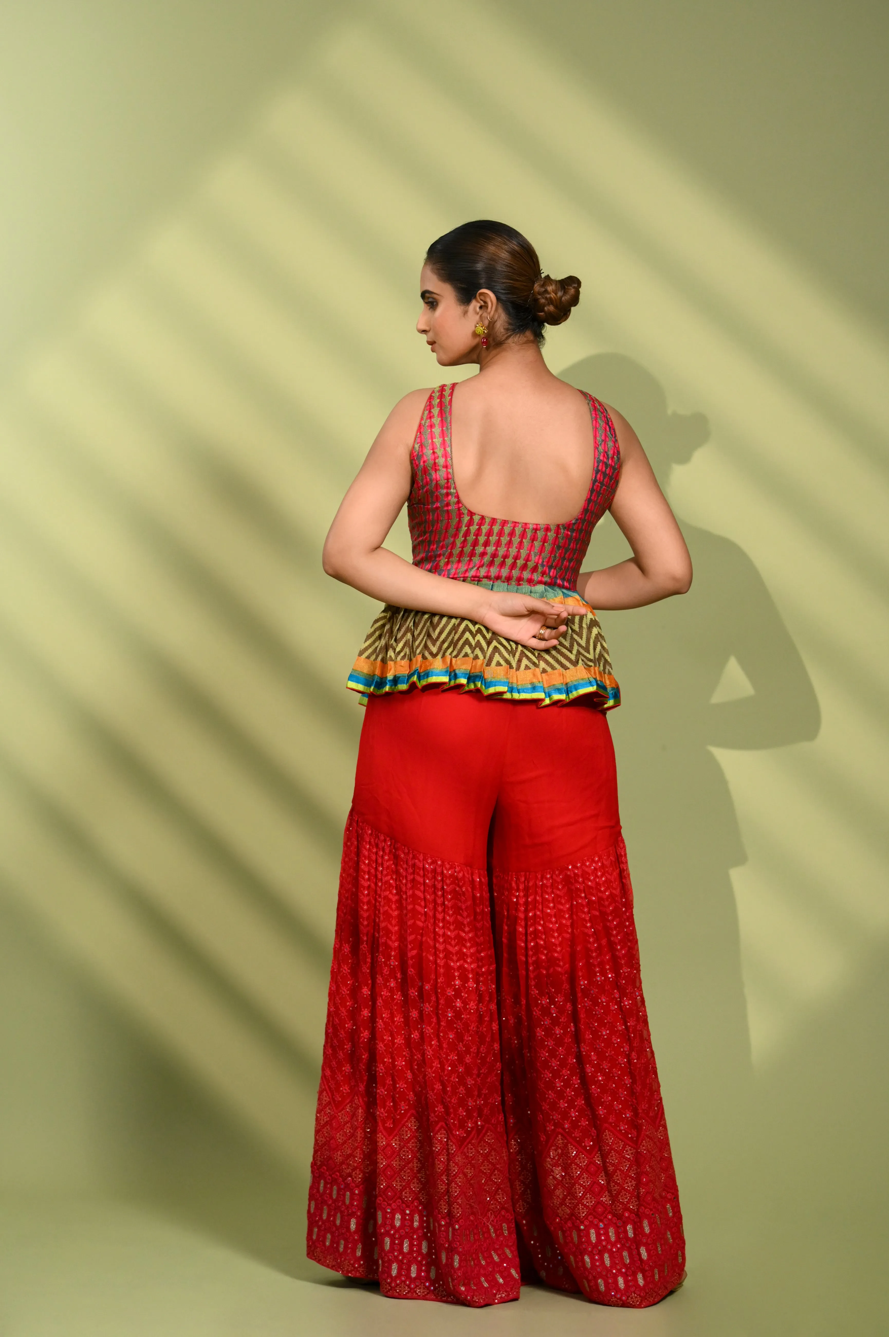 Rani Pink Sharara Set with Peplum Top in Silk