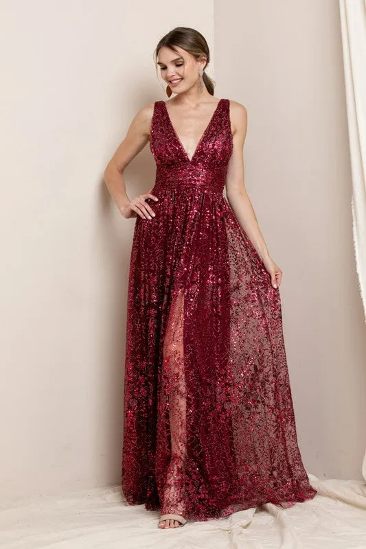 Red Deep V Neck Sequin Maxi Evening Dress