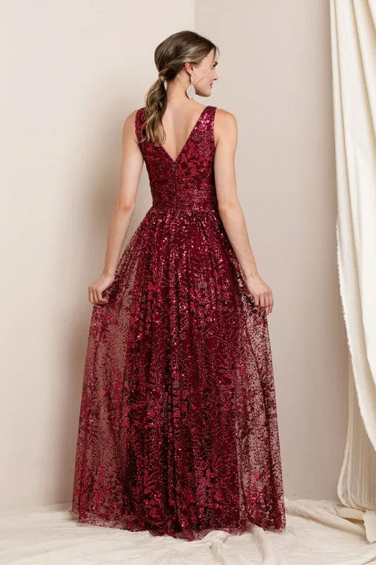Red Deep V Neck Sequin Maxi Evening Dress