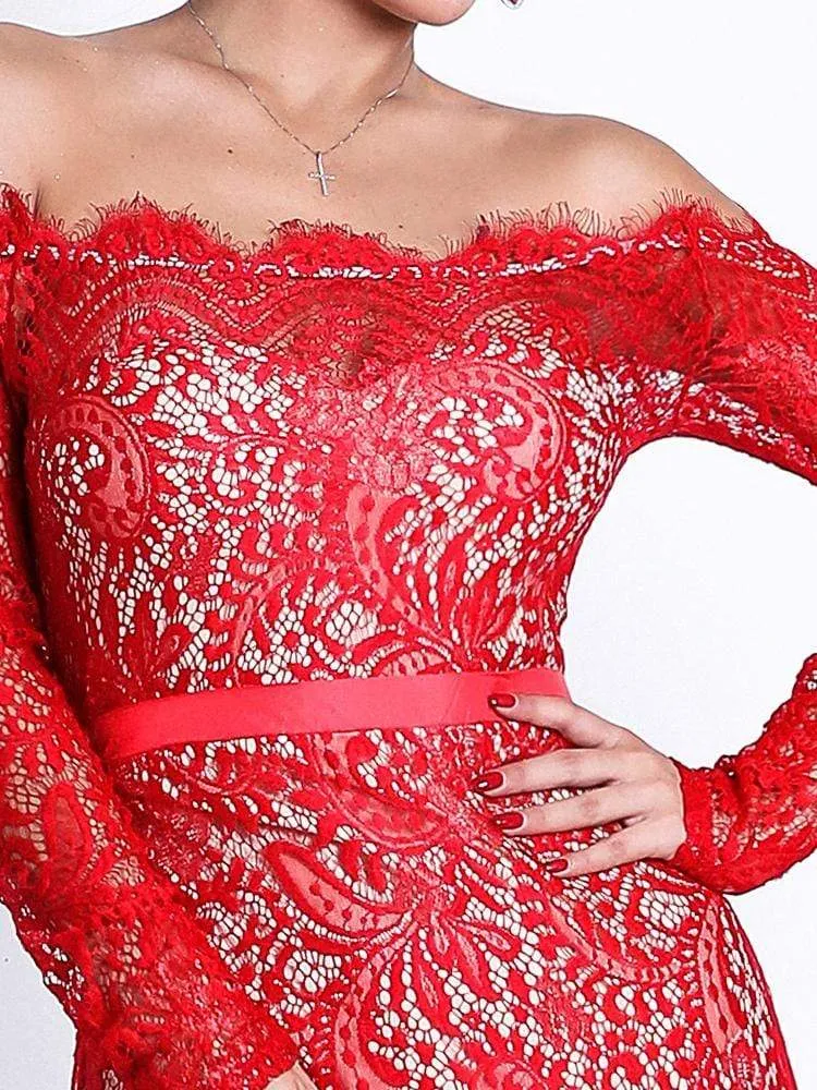 Red Lace Maxi Elegant Night Out Dress