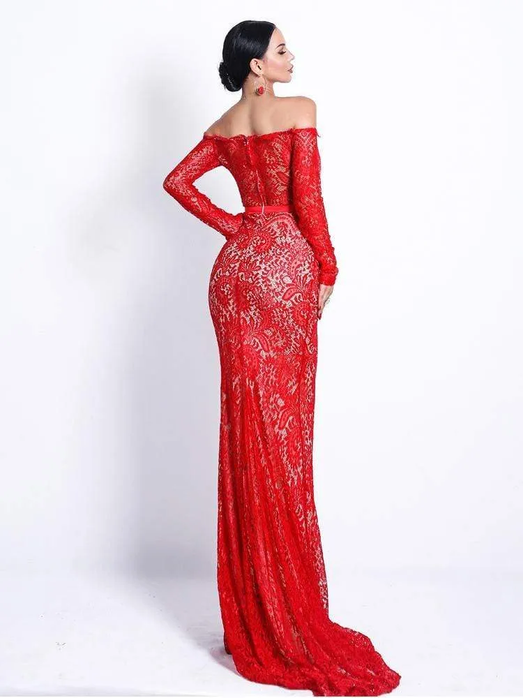 Red Lace Maxi Elegant Night Out Dress
