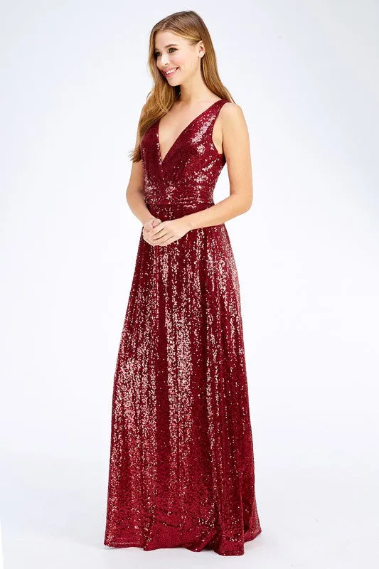 Red Sleeveless V Neck Sequin Maxi
