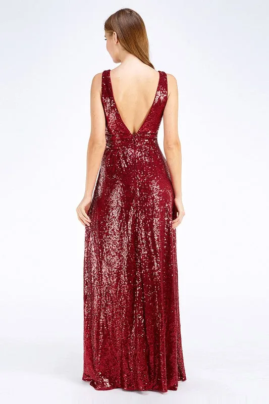 Red Sleeveless V Neck Sequin Maxi