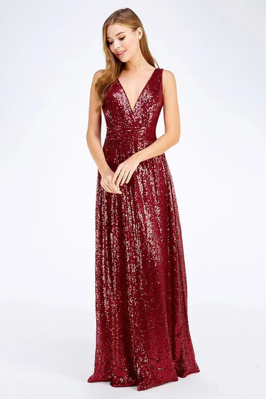 Red Sleeveless V Neck Sequin Maxi