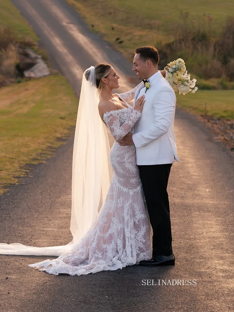 Rustic Mermaid Lace Wedding Dresses White Boho Long Sleeve Bridal Dresses TK063