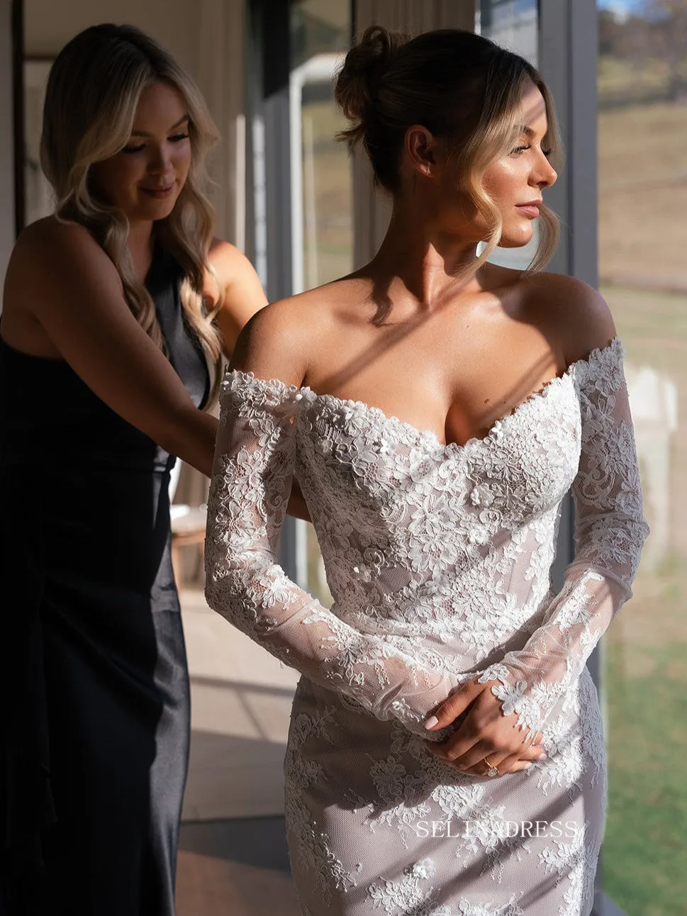 Rustic Mermaid Lace Wedding Dresses White Boho Long Sleeve Bridal Dresses TK063