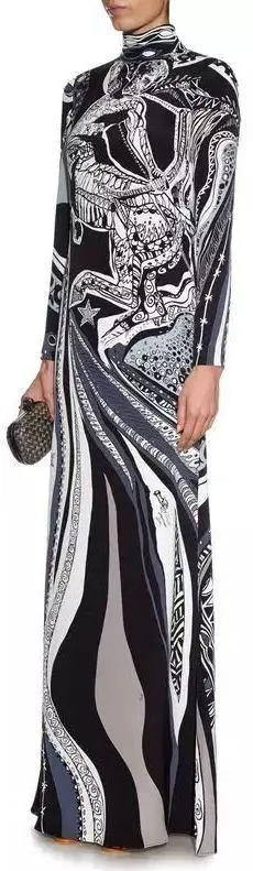 'Sagittarius' Print High-Neck Long Silk Gown