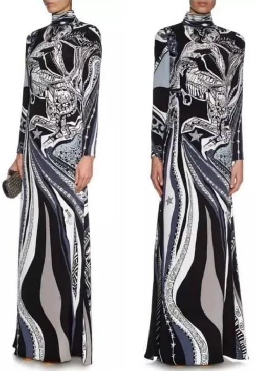 'Sagittarius' Print High-Neck Long Silk Gown