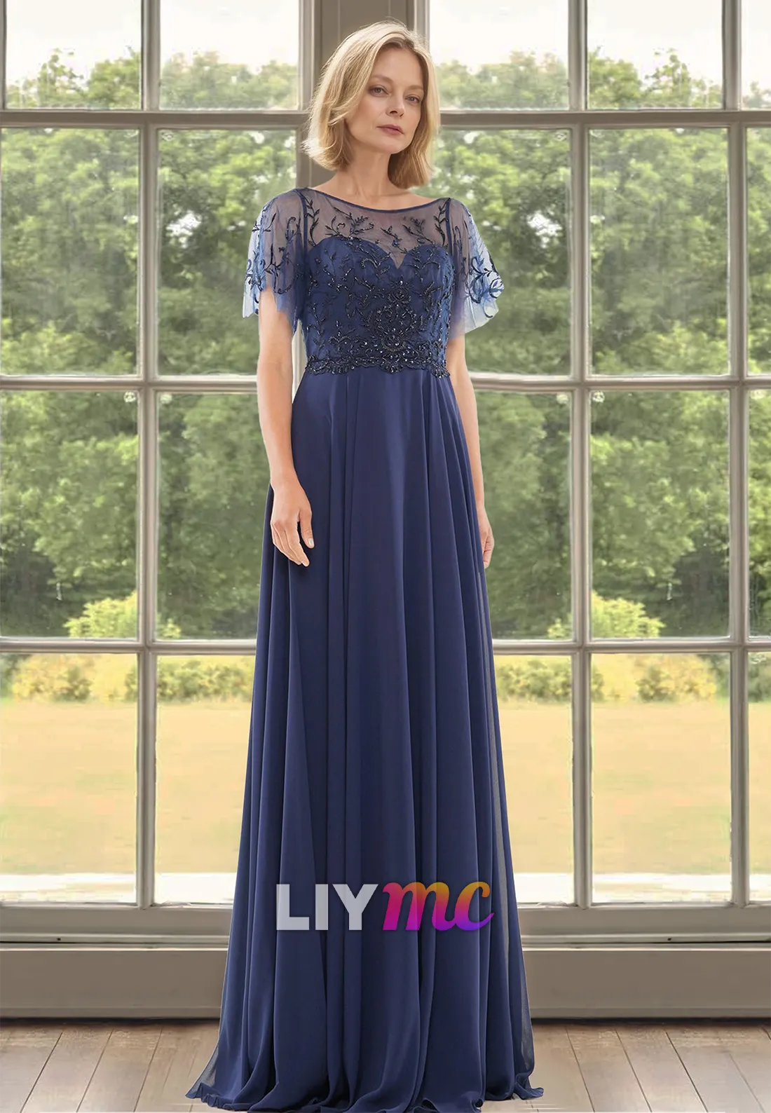 Scoop Short Sleeeves Appliques Chiffon A-Line Mother of Bride Dress