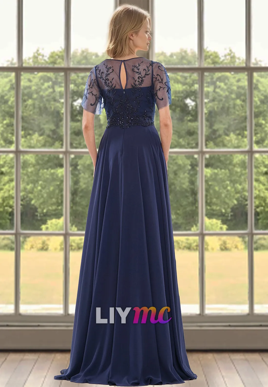 Scoop Short Sleeeves Appliques Chiffon A-Line Mother of Bride Dress
