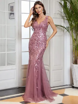 Sexy Double V-Neck Mermaid Sequin Evening Maxi Dress for Women