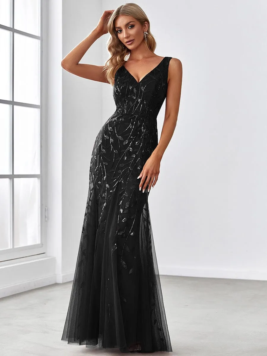 Sexy Double V-Neck Mermaid Sequin Evening Maxi Dress for Women