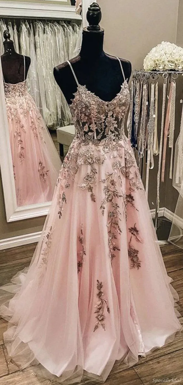 Sexy Elegant Blush Pink Floral Spaghetti Strap A-line Long Prom Dress, PD3188