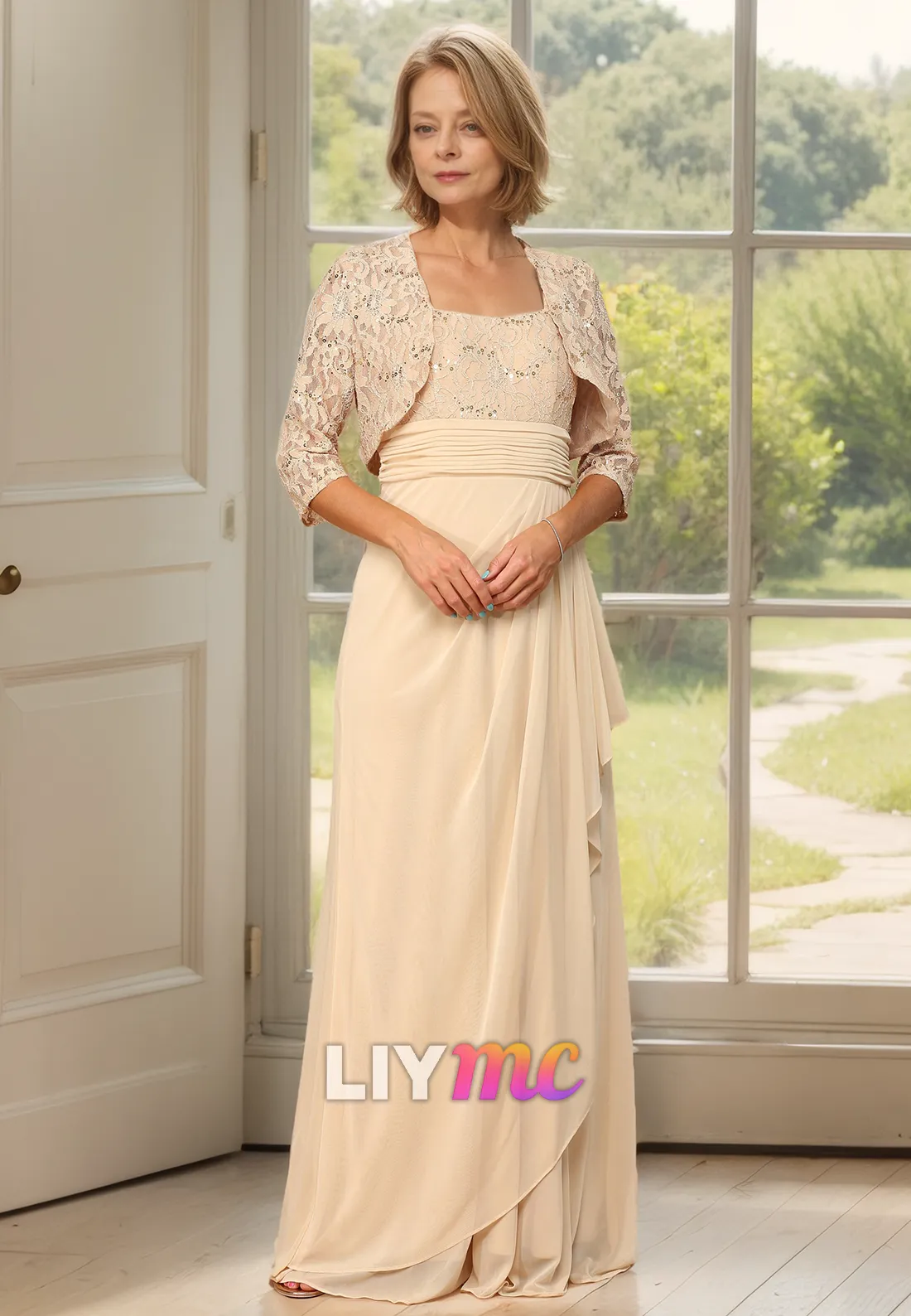 Square Long Sleeves Appliques Chiffon Pleated Ruched A-Line Mother of Bride Dress