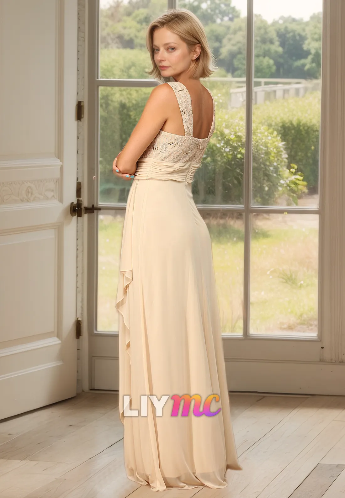 Square Long Sleeves Appliques Chiffon Pleated Ruched A-Line Mother of Bride Dress
