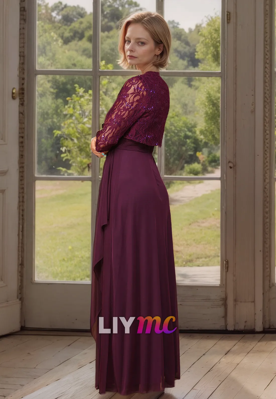 Square Long Sleeves Appliques Chiffon Pleated Ruched A-Line Mother of Bride Dress