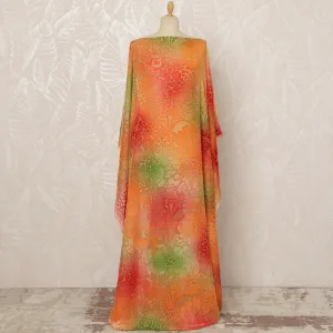 Traditional Somali Dirac Silk Blended Velvet Chiffon Fabric in Orange, Red, and Green with Abstract Floral Design, 3.5 Meters, 140 cm Width-D20588