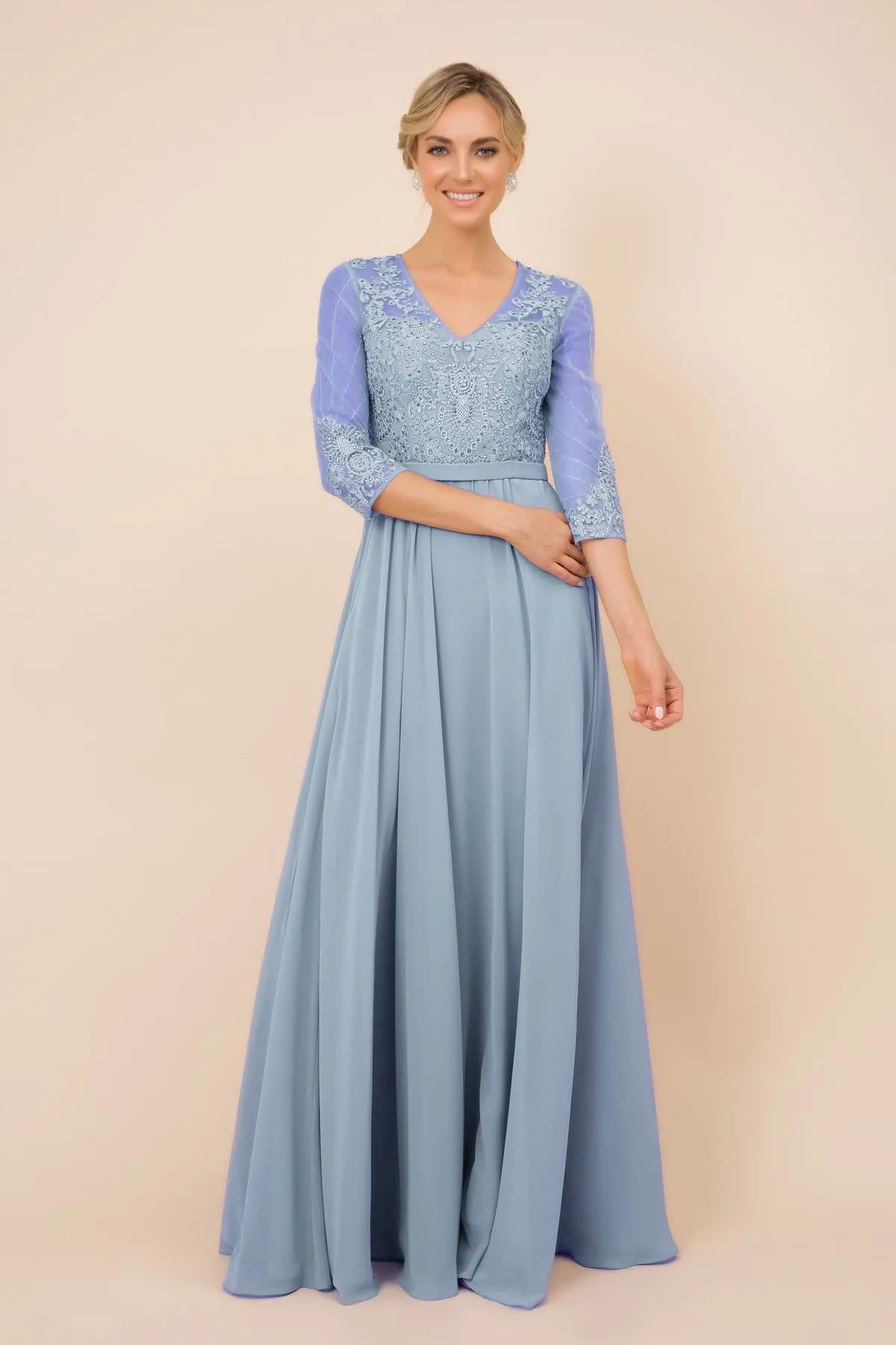 V-Neck Dress, Long, Embroidered Bodice, 3/4 Sleeves